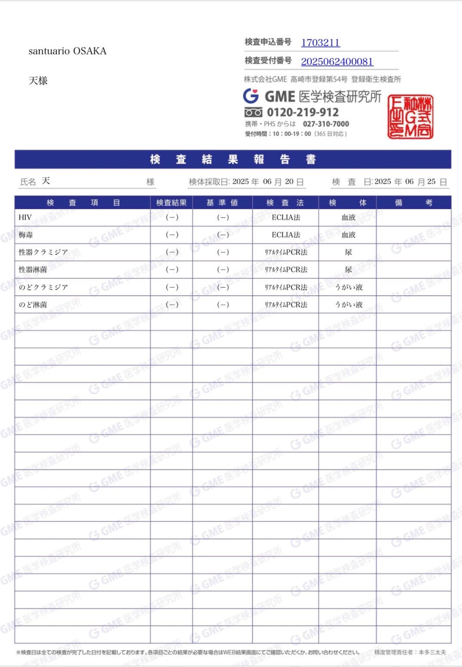天の性病検査証明書