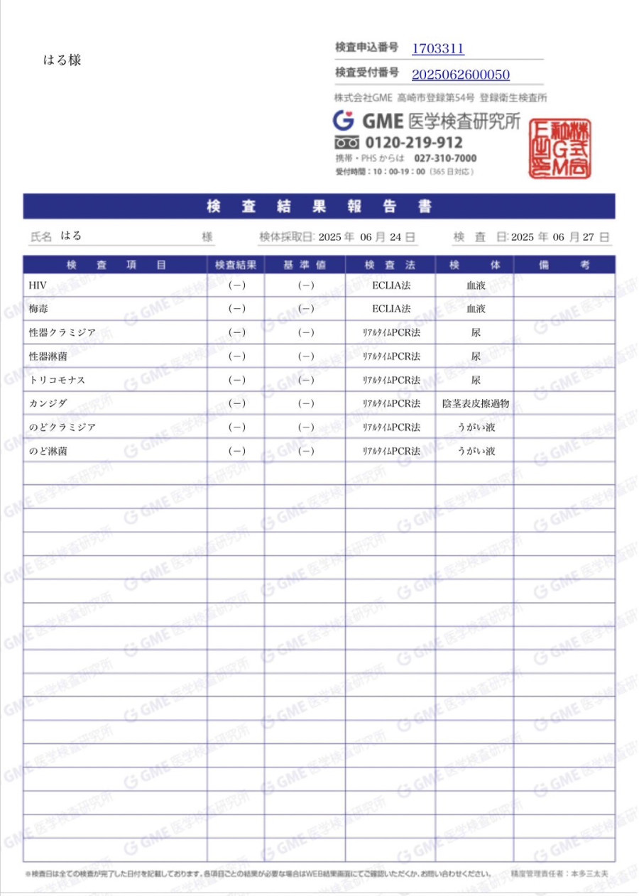 Haruの性病検査証明書