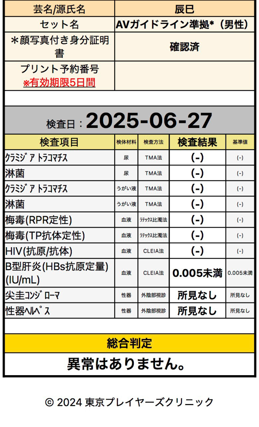 辰巳の性病検査証明書