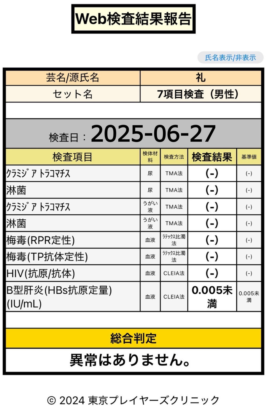 礼の性病検査証明書