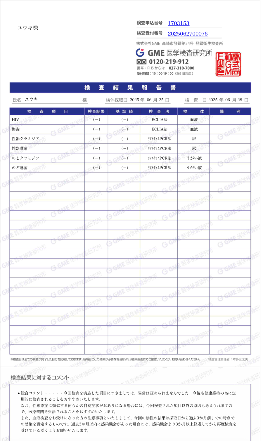 ユウキの性病検査証明書