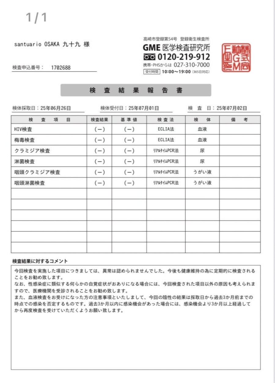 九十九の性病検査証明書