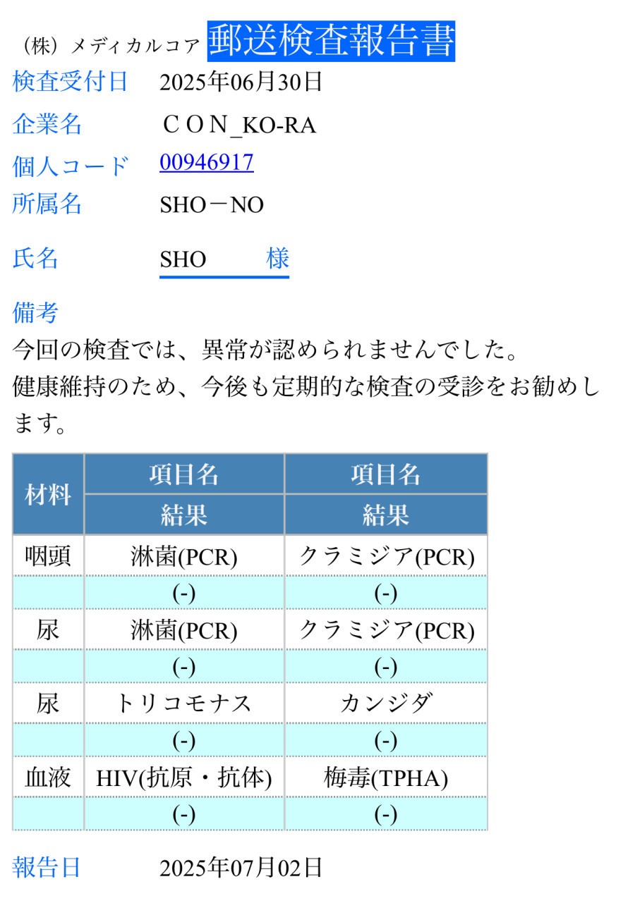 SHOの性病検査証明書