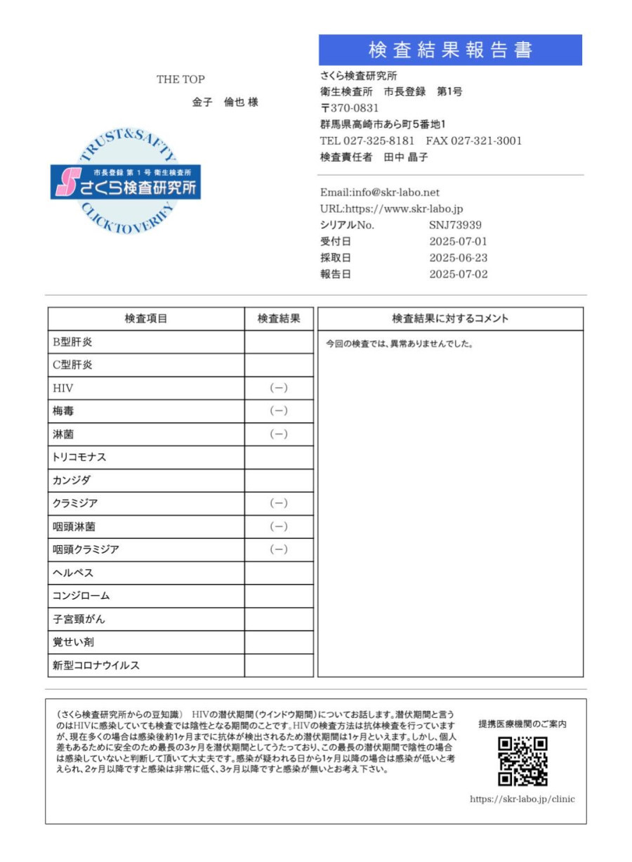 金子 倫也の性病検査証明書