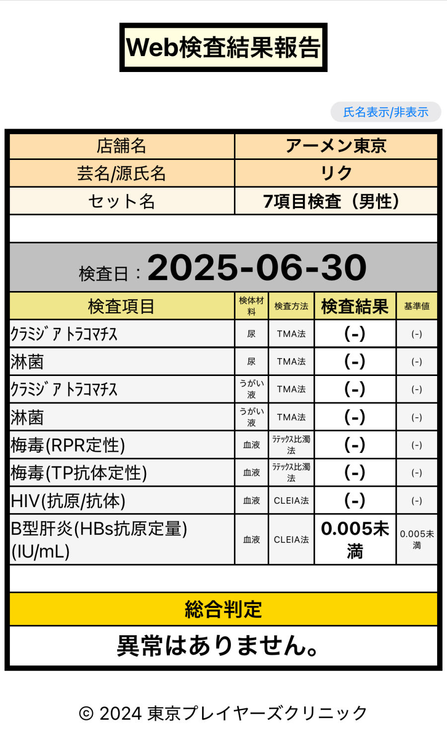 リクの性病検査証明書