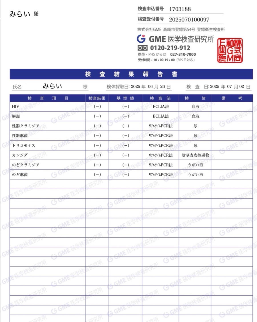 Miraiの性病検査証明書