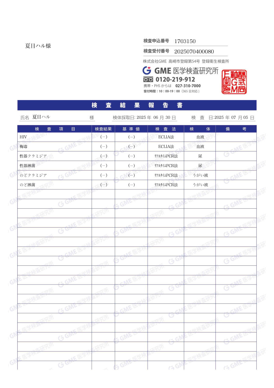 夏目 ハルの性病検査証明書