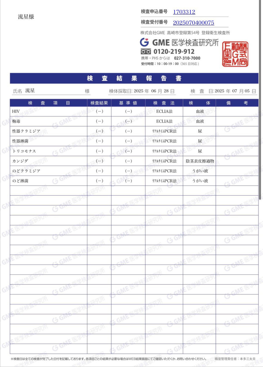 Ryuseiの性病検査証明書