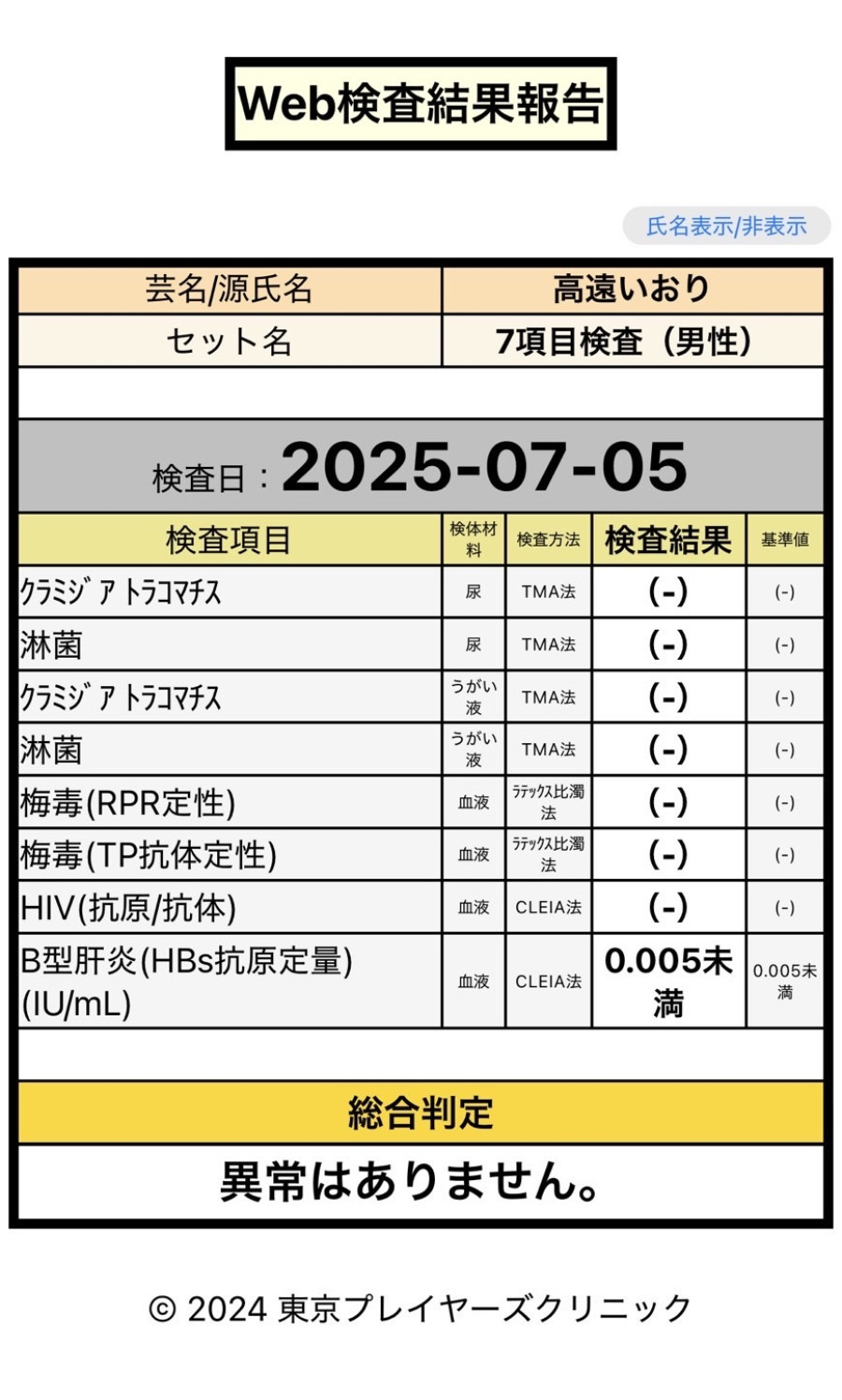 高遠 いおりの性病検査証明書