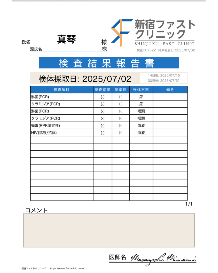 真琴の性病検査証明書