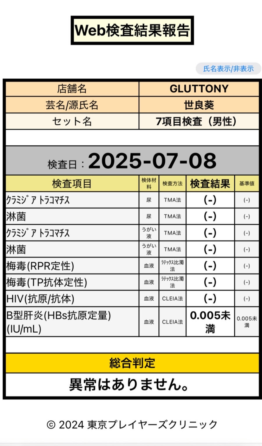 世良 葵の性病検査証明書