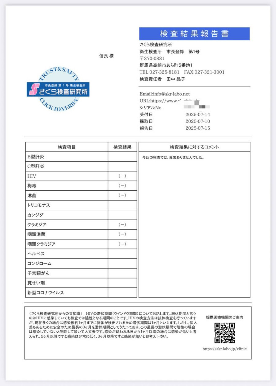 信長の性病検査証明書
