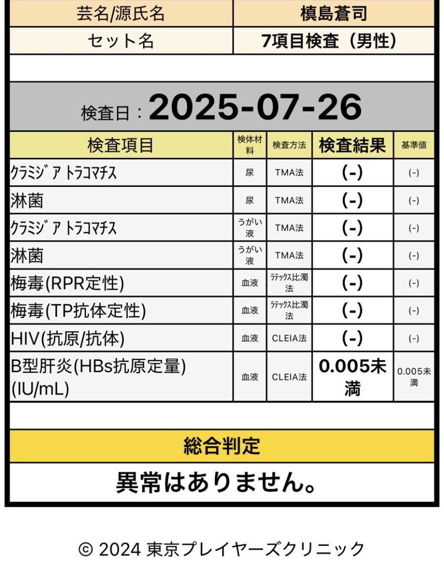 槙島 蒼司の性病検査証明書