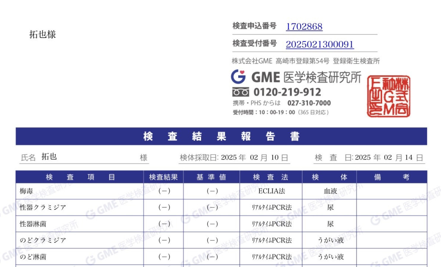 拓也の性病検査証明書