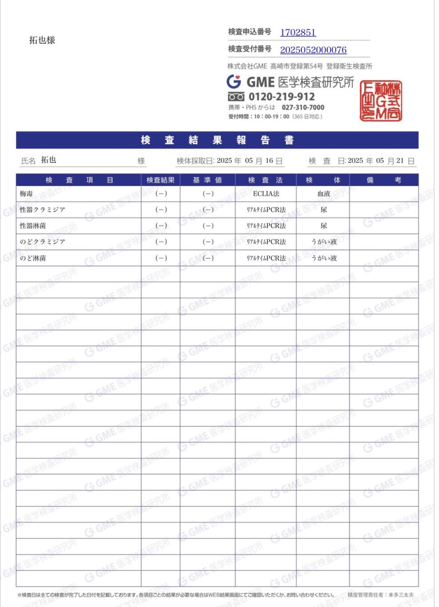 拓也の性病検査証明書
