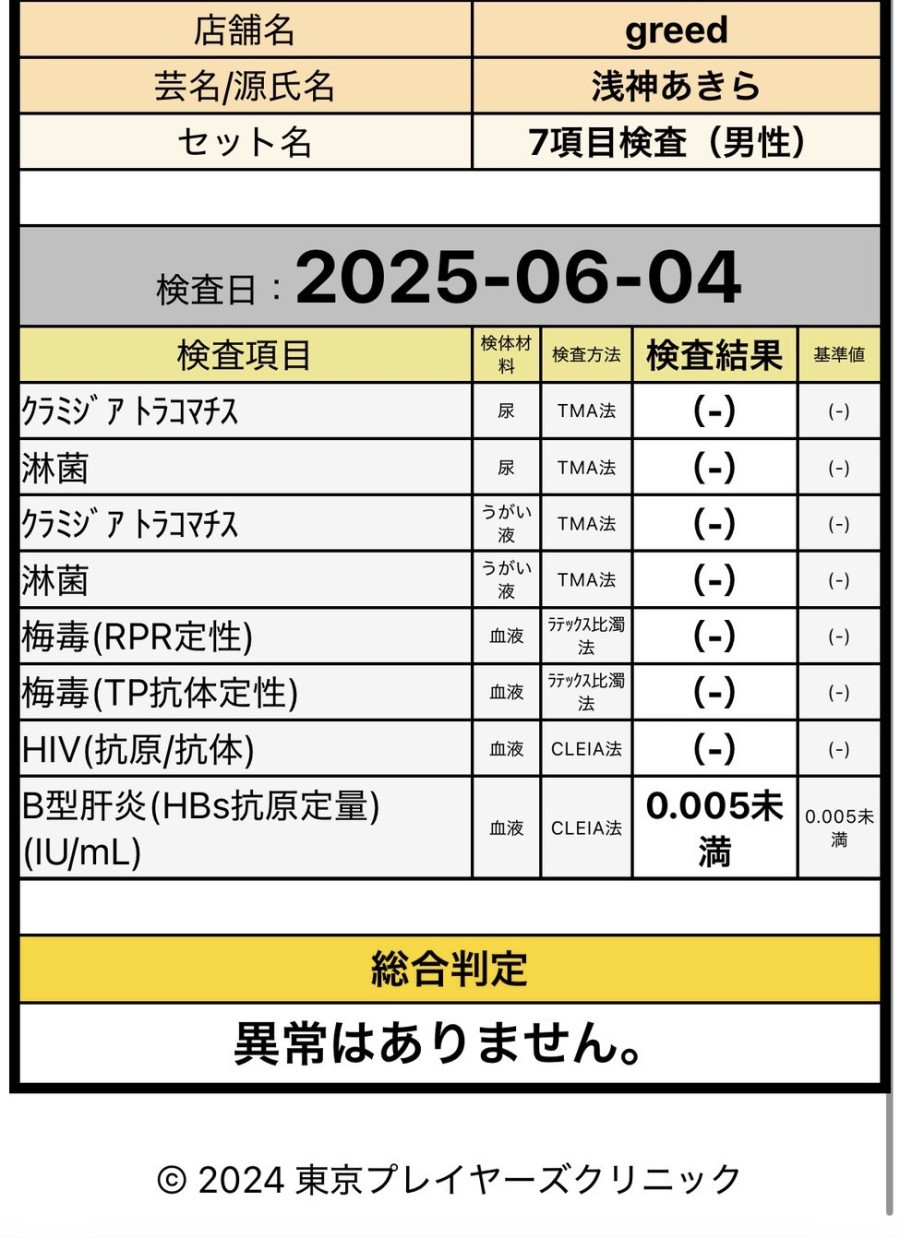 浅神 あきらの性病検査証明書