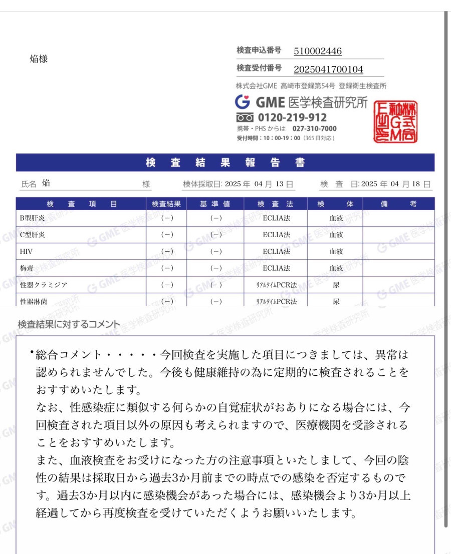 焔の性病検査証明書