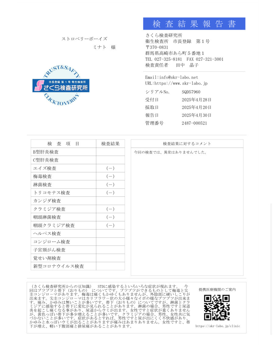 ミナトの性病検査証明書
