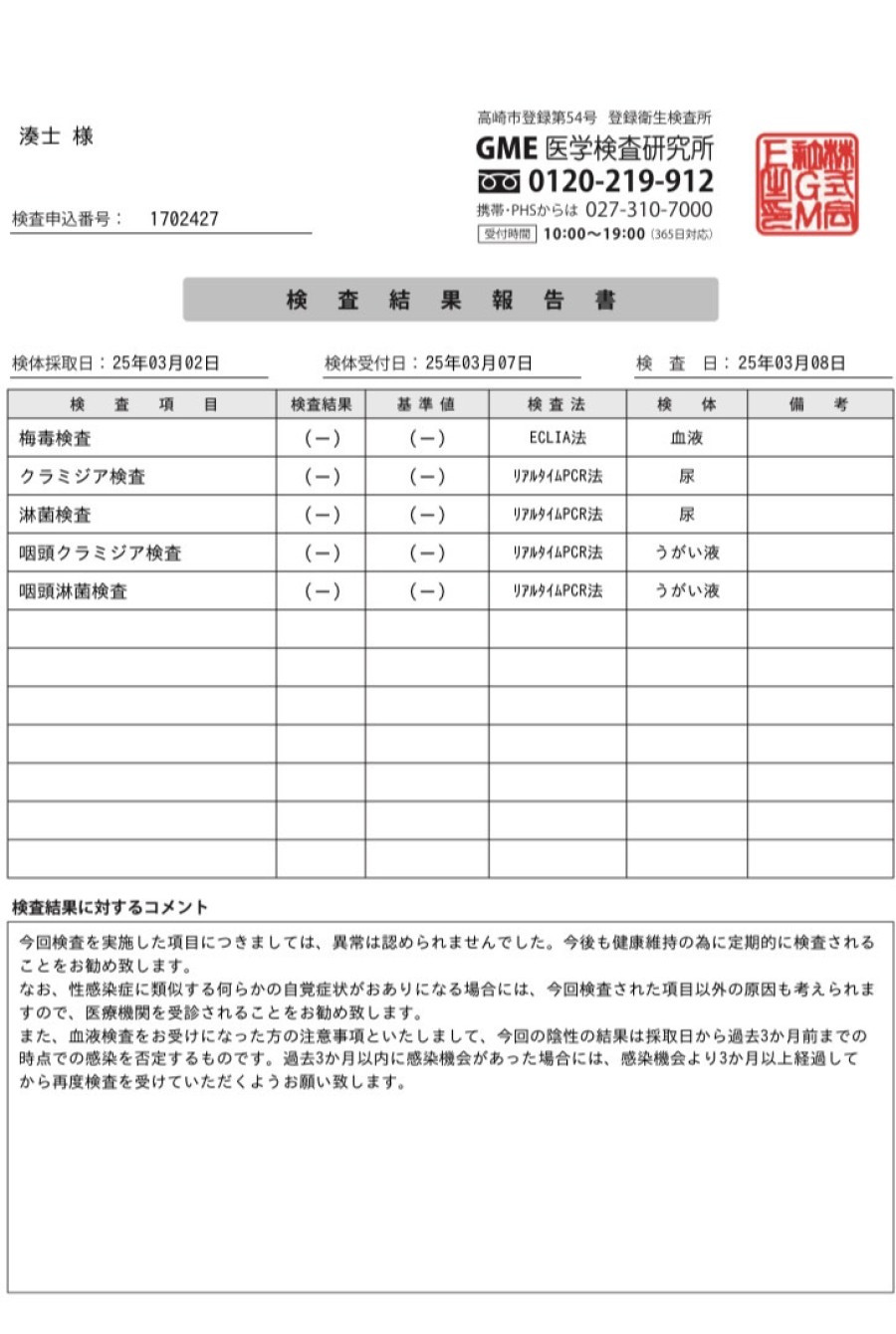 湊士の性病検査証明書