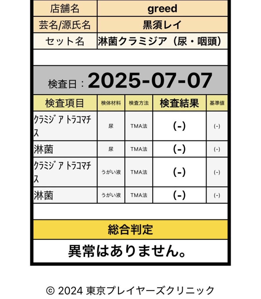 黒須 レイの性病検査証明書