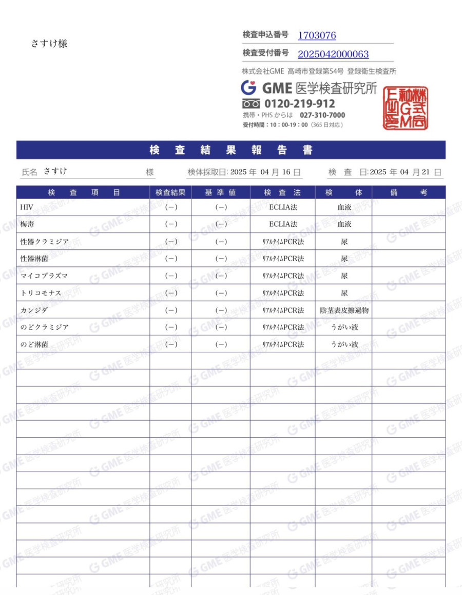 さすけの性病検査証明書