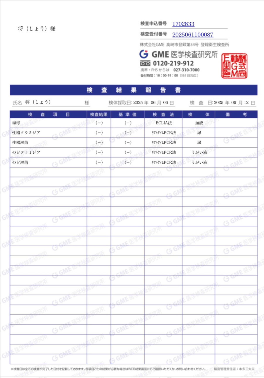 将の性病検査証明書