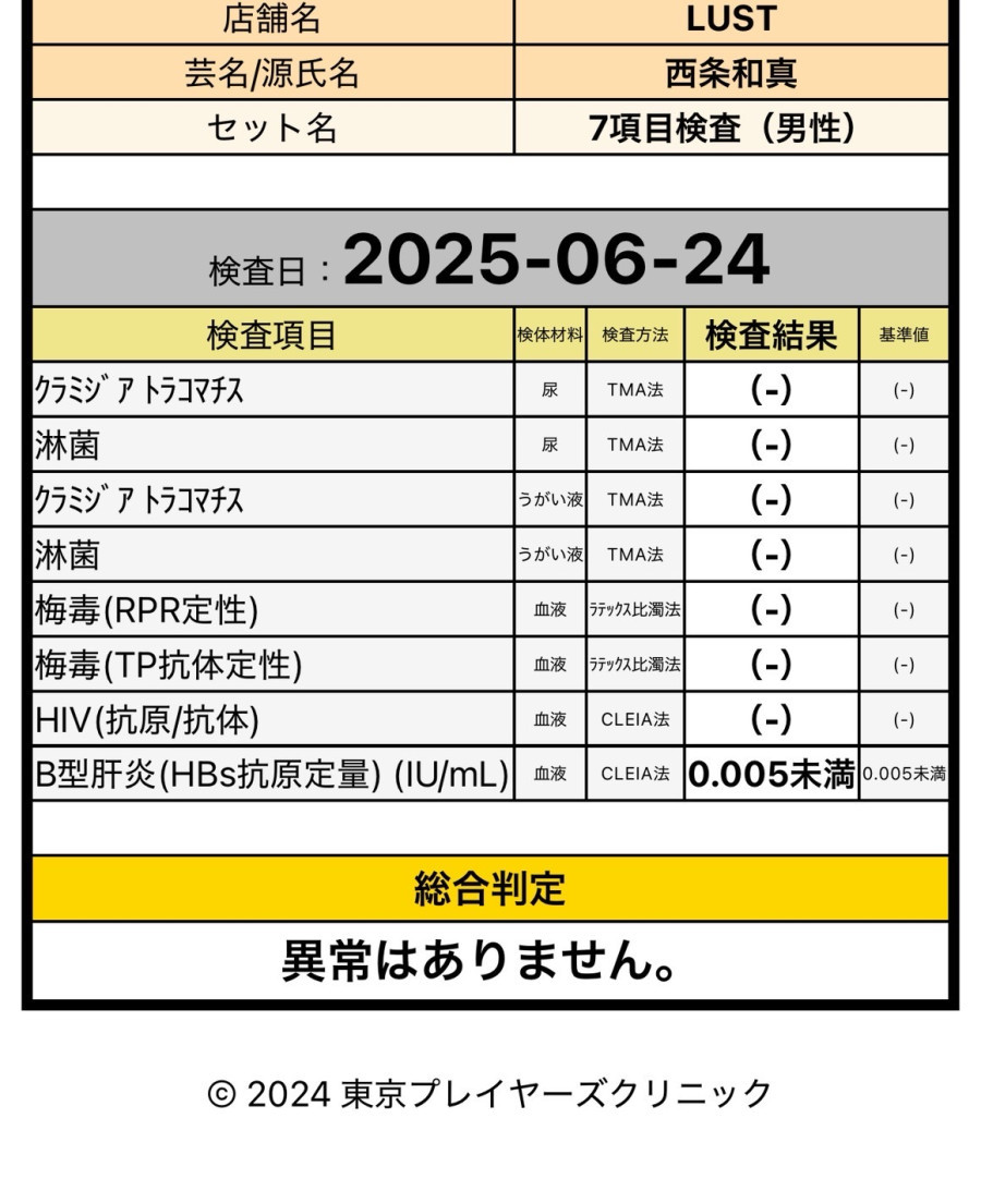 西条 和真の性病検査証明書