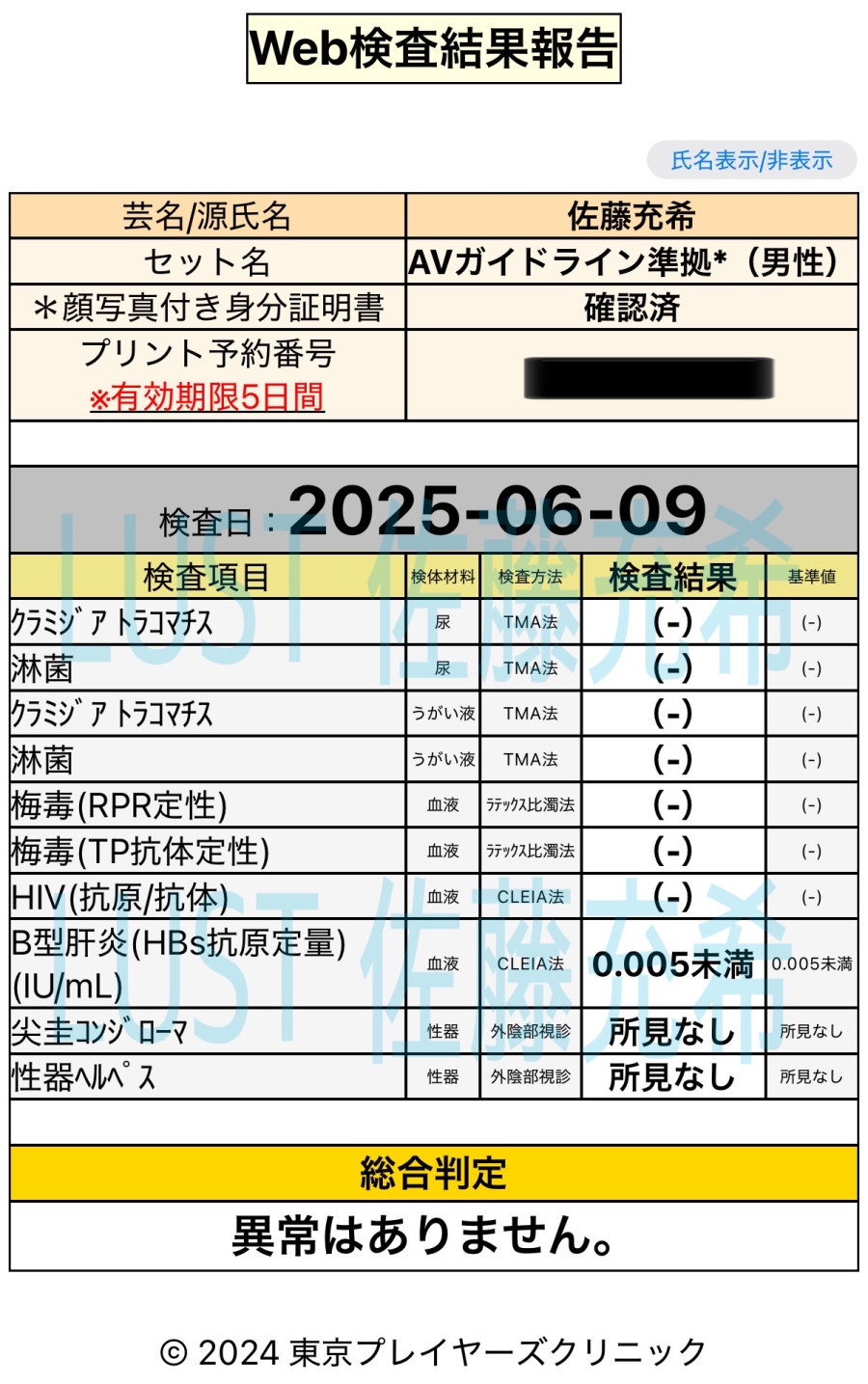 佐藤 充希の性病検査証明書