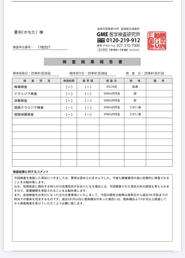 夏向の性病検査証明書