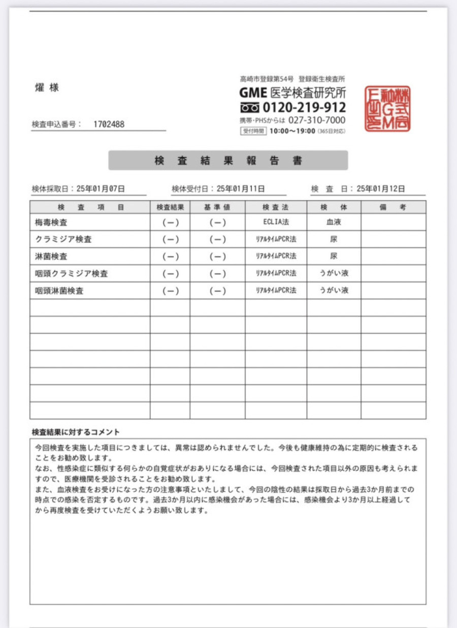 燿の性病検査証明書