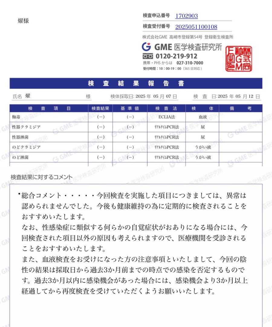 燿の性病検査証明書