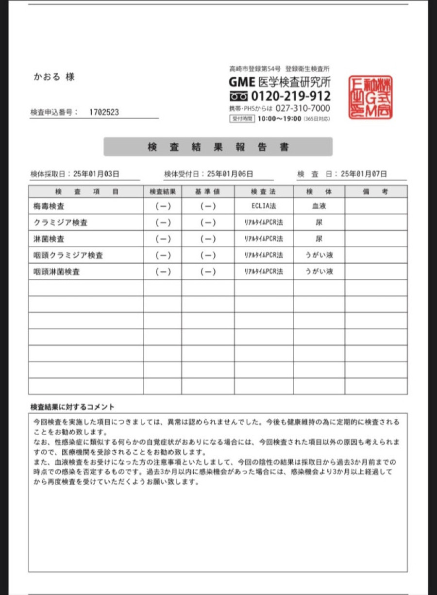 かおるの性病検査証明書