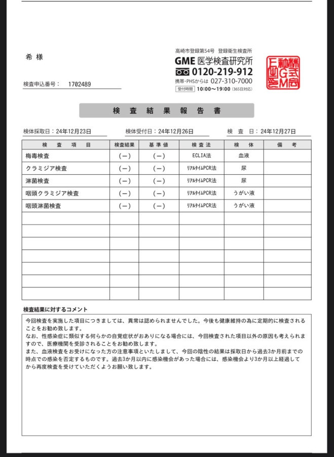 希の性病検査証明書