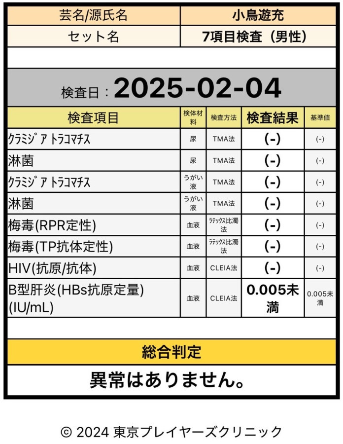 小鳥遊 充の性病検査証明書