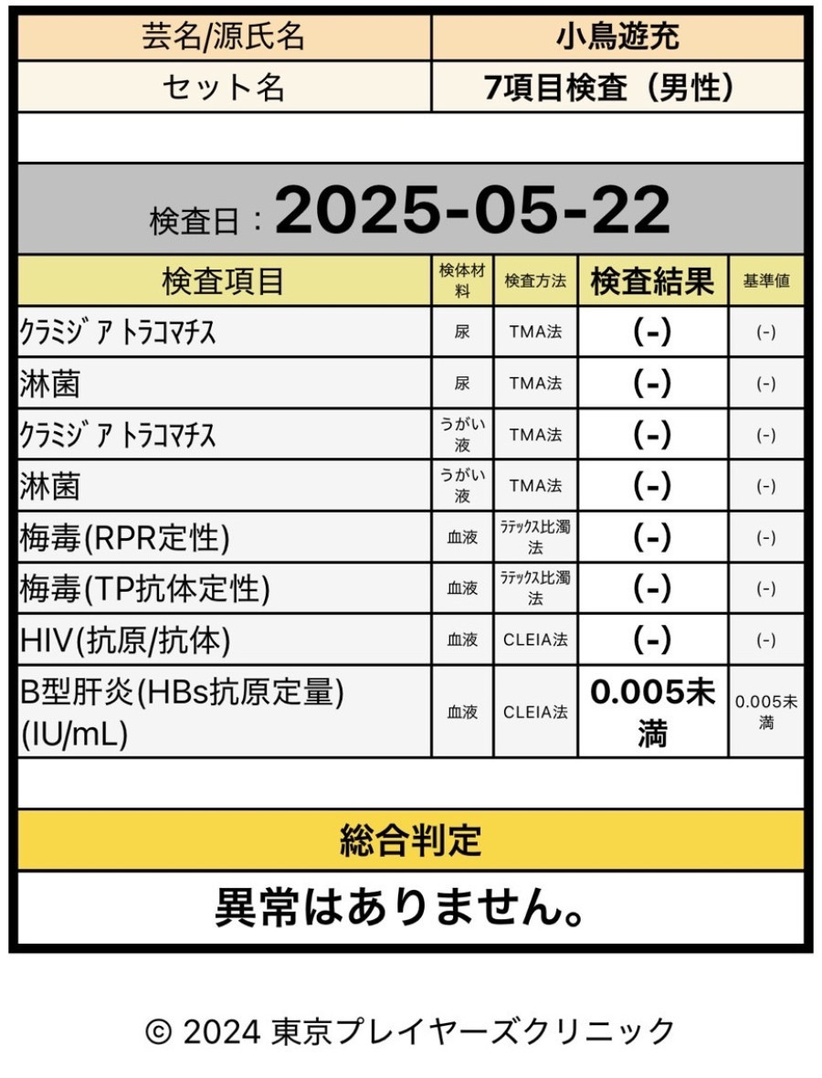 小鳥遊 充の性病検査証明書
