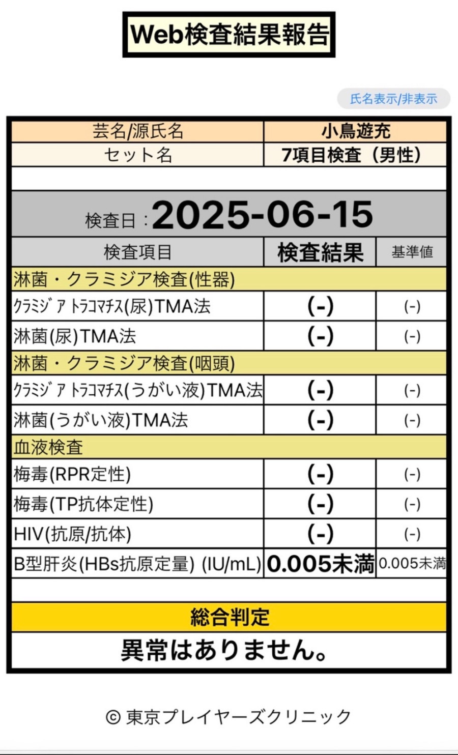 小鳥遊 充の性病検査証明書