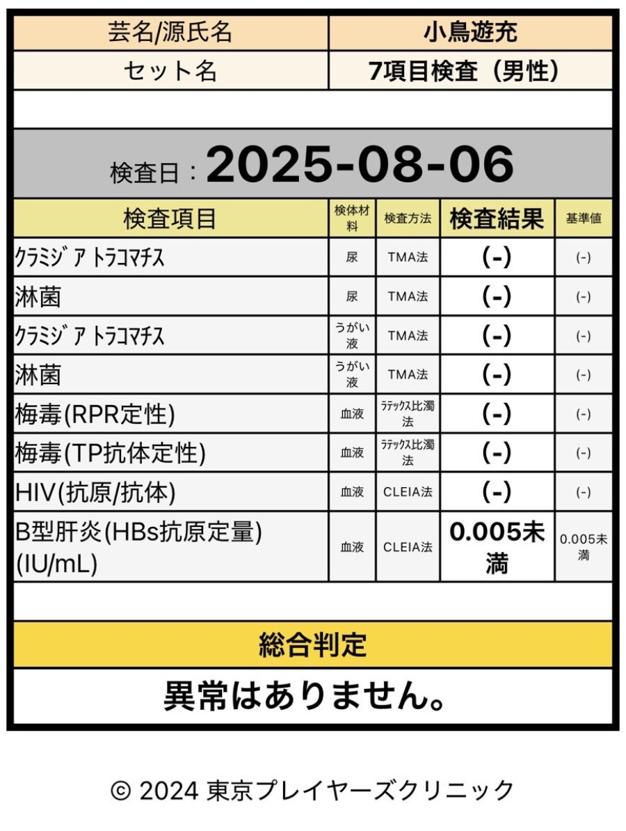 小鳥遊 充の性病検査証明書