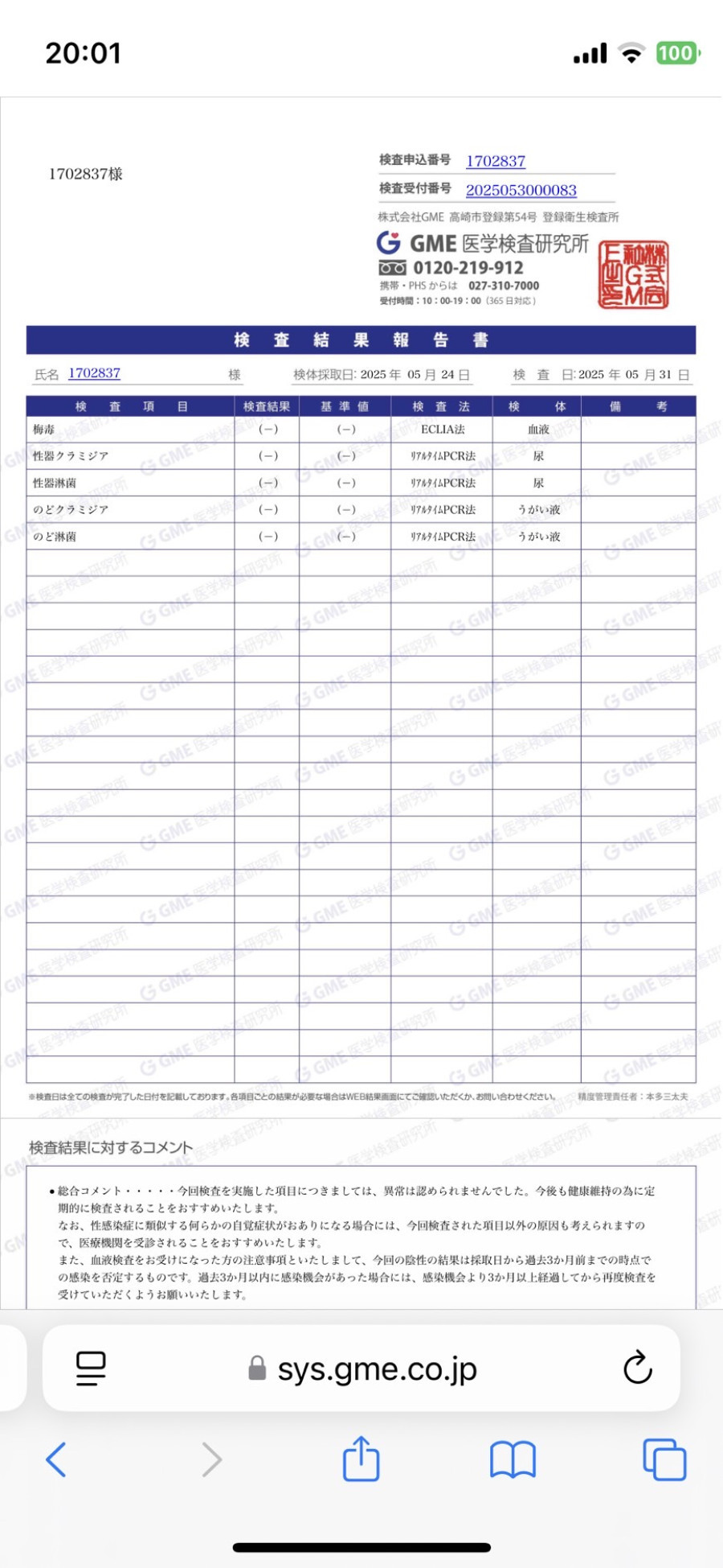 もーりぃの性病検査証明書