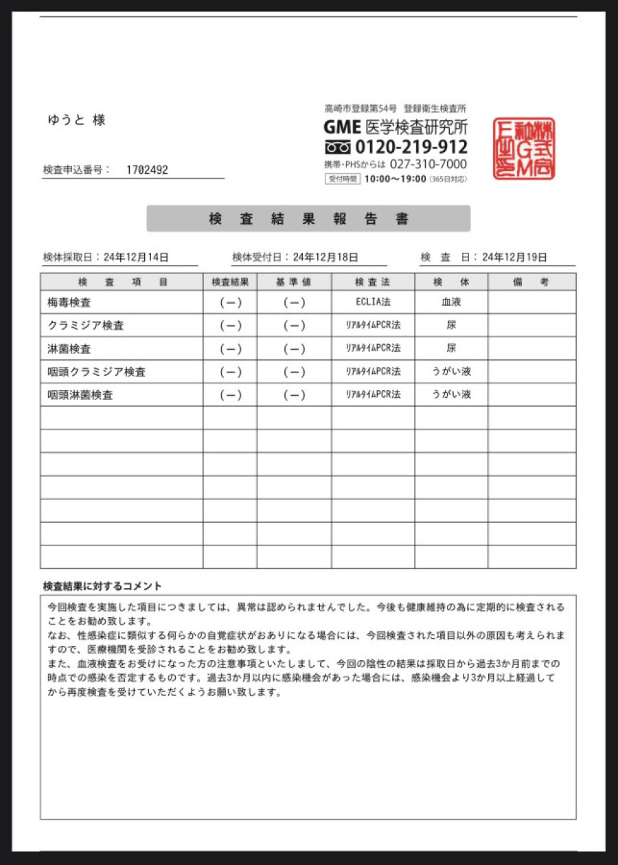 ゆうとの性病検査証明書