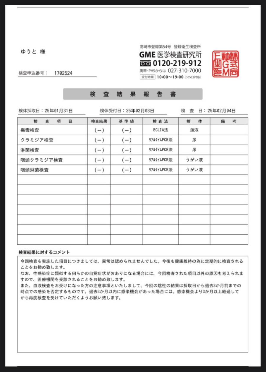 ゆうとの性病検査証明書