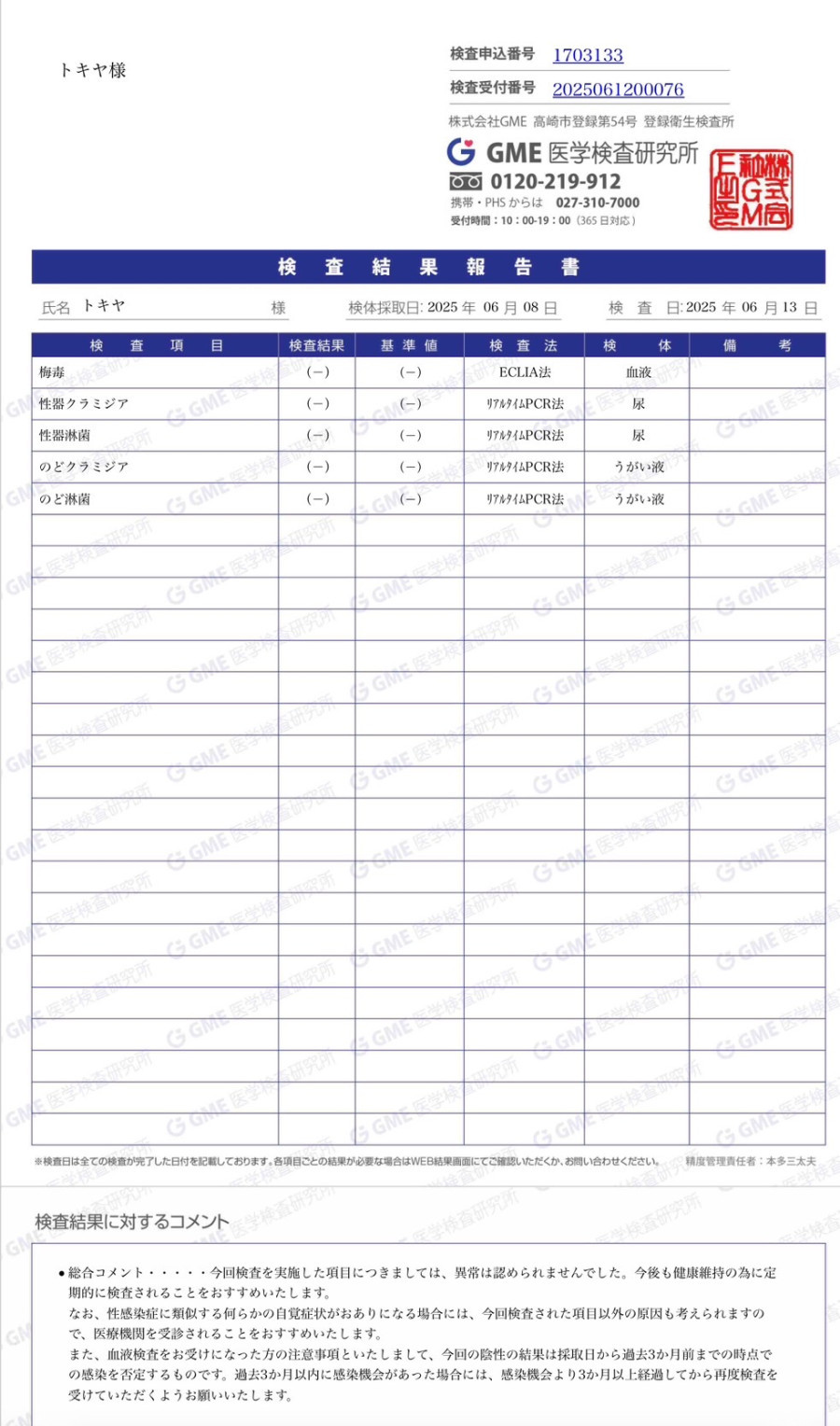 トキヤの性病検査証明書