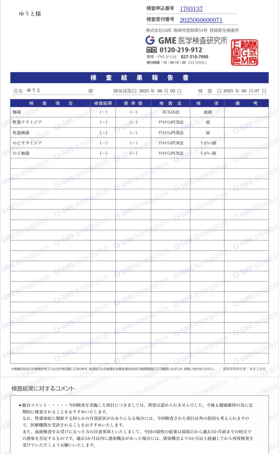 ゆうとの性病検査証明書