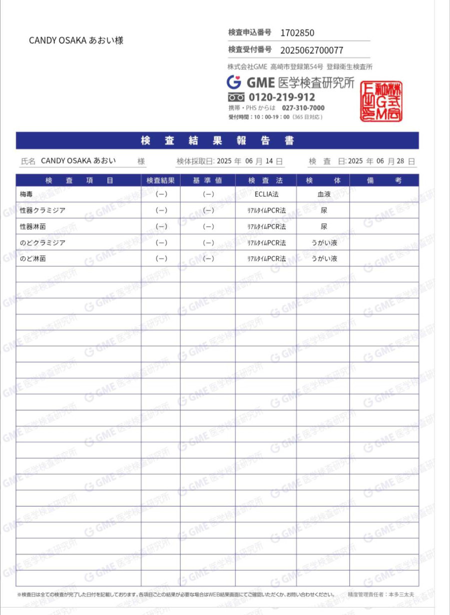あおいの性病検査証明書
