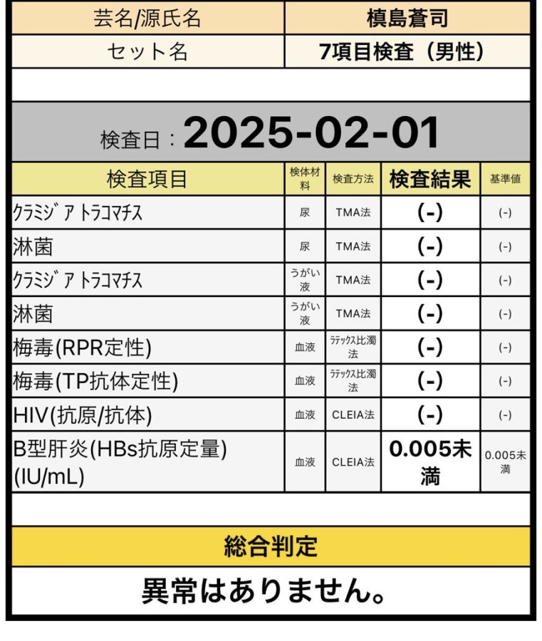 槙島 蒼司の性病検査証明書