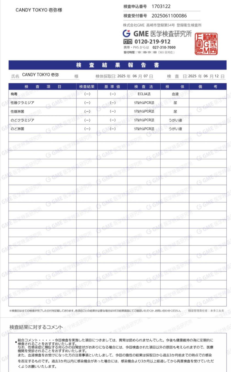 壱弥の性病検査証明書