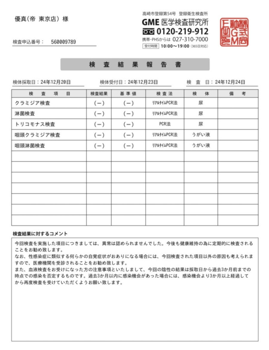 優真の性病検査証明書