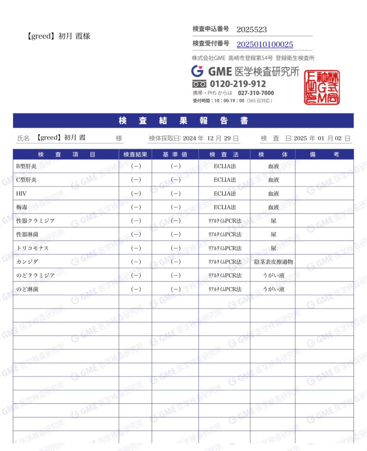 初月 霞の性病検査証明書