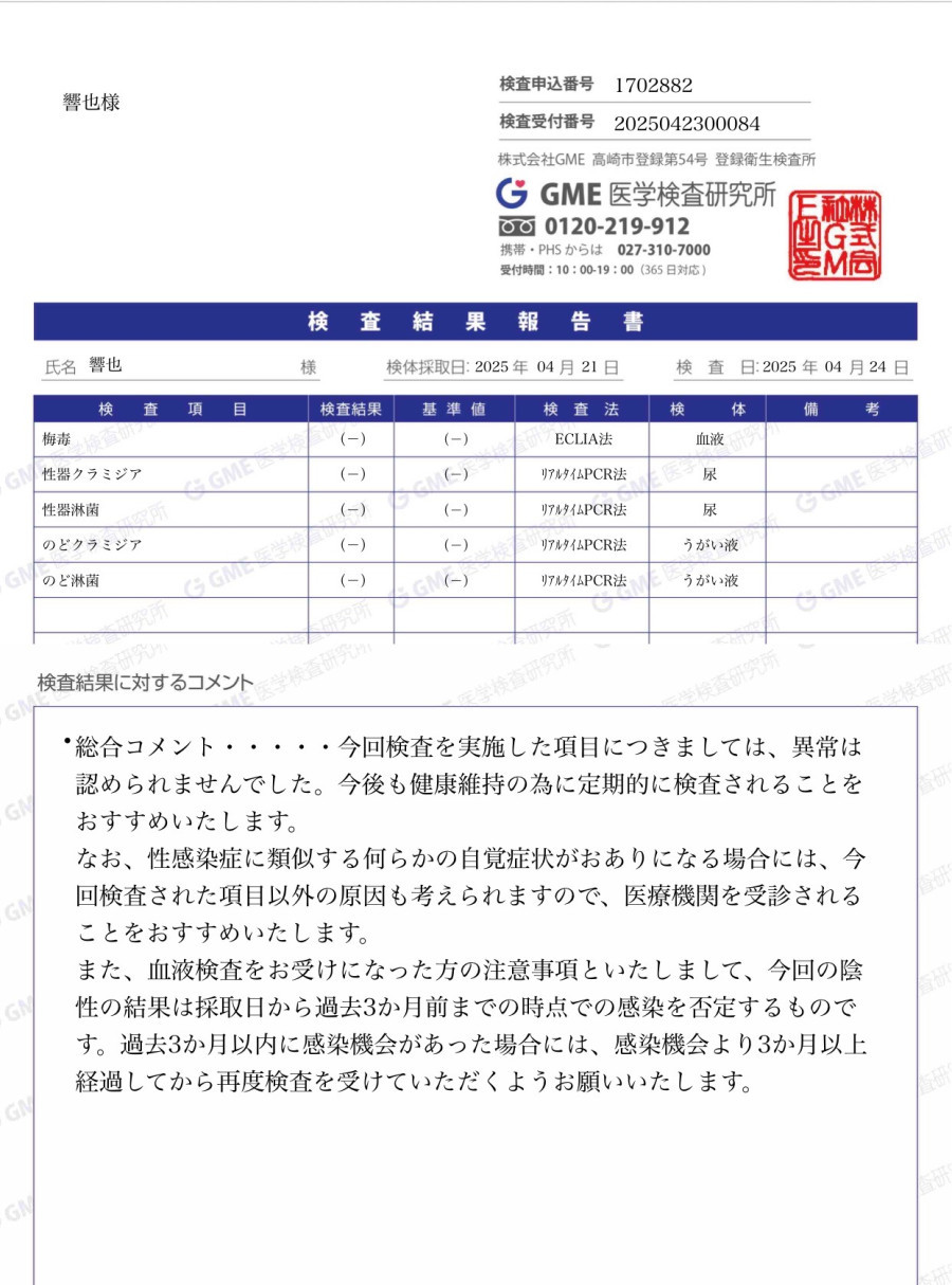響也の性病検査証明書
