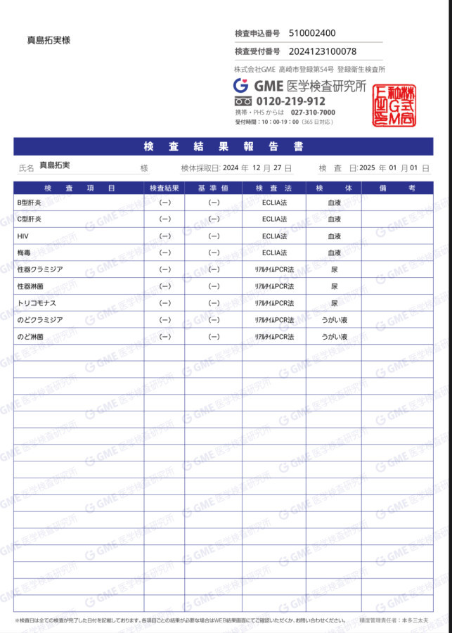 真島拓実の性病検査証明書