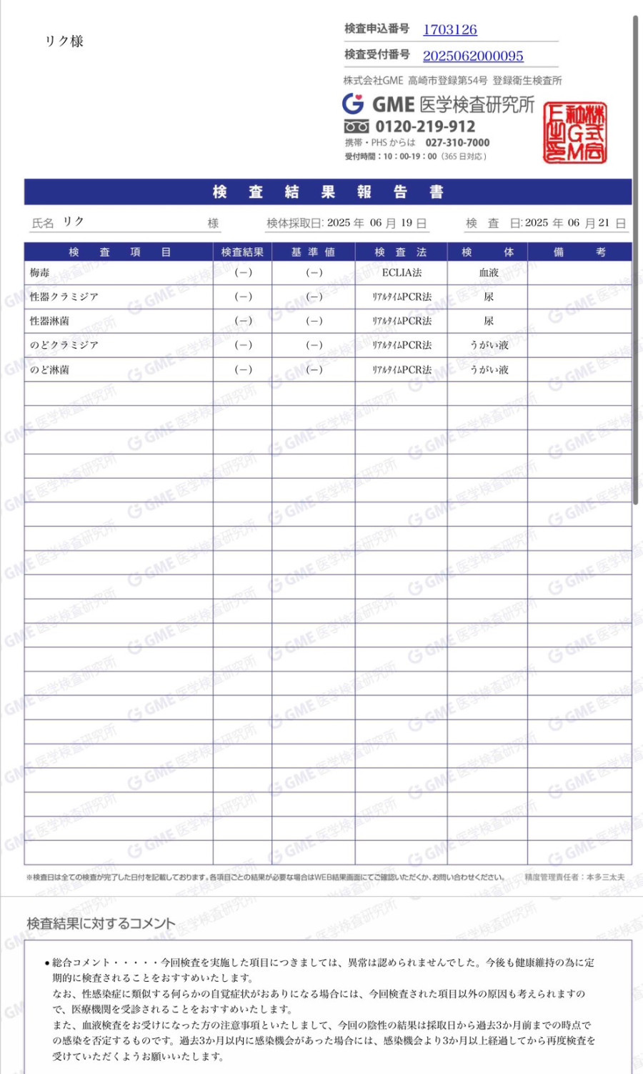 リクの性病検査証明書